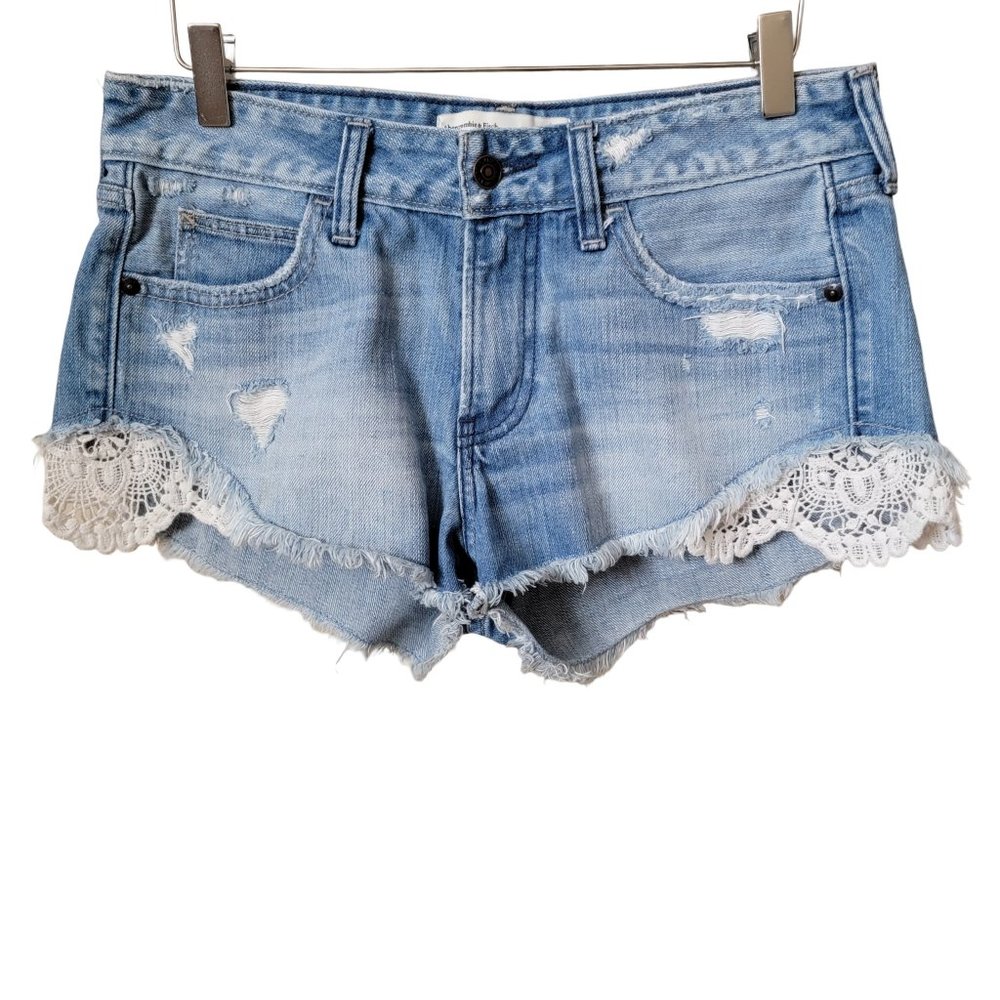 Abercrombie & Fitch Lace Crochet Distressed Cutoff Denim Jean Shorts